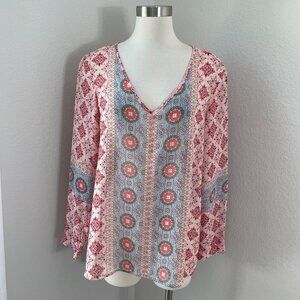 Sundance Womens Large V Neck Long Sleeve Sheer Blouse Floral V Neck Shirt